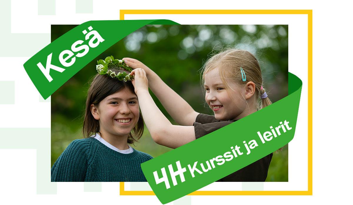 Oulun 4H:n kesän kurssien ja leirien bannerin toinen osa, jossa kaksi lasta kesällä tekee kukkaseppeleitä.