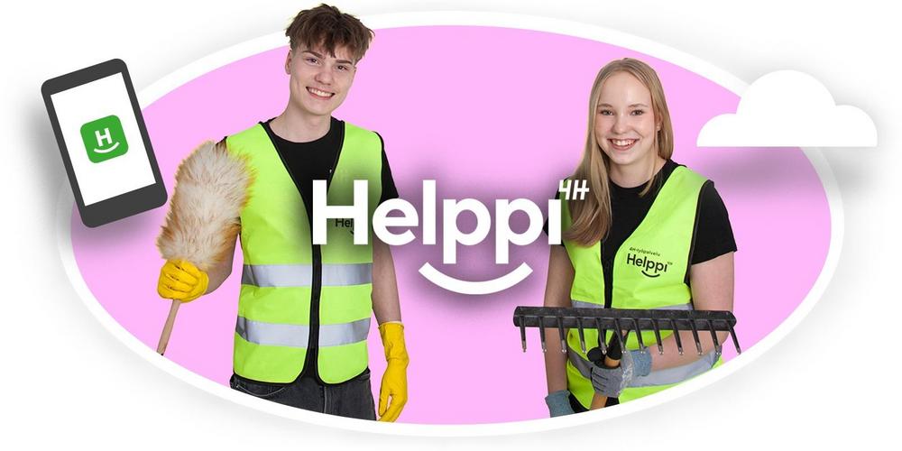 Kuvassa kaksi nuorta Oulun 4H-yhdistyksen Helppi-työntekijää. Toinen heistä pitää kädessään pölyhuiskaa ja toinen pitää käsissään haravaa. He hymyilevät ja näyttävät iloisilta. Kuvan päällä Helppi-logo.
