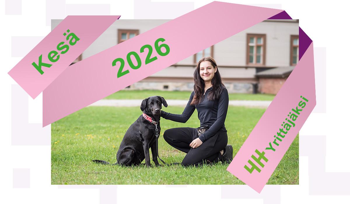 4H-yrittäjyys bannerin toinen osa, jossa kuva nuoresta 4H-yrittäjästä tekemässä työtä koiranhoitajana.