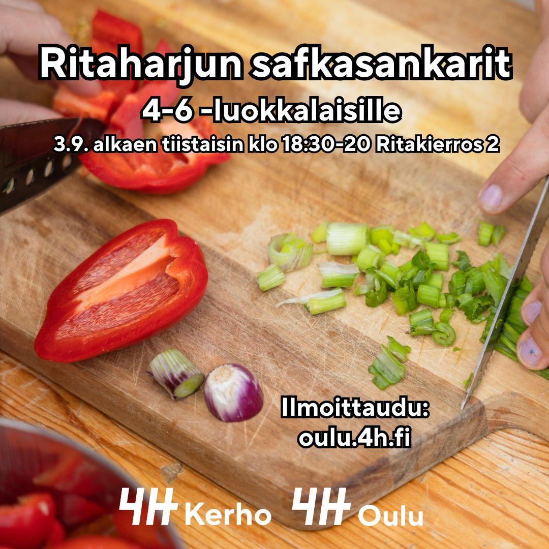 Lapset leikkaamassa vihanneksia. "Ritaharjun safkasankarit 4-6 -luokkalaisille 3.9. alkaen tiistaisin klo 18:30-20, Ritakierros 2. Ilmoittaudu: oulu.4h.fi."