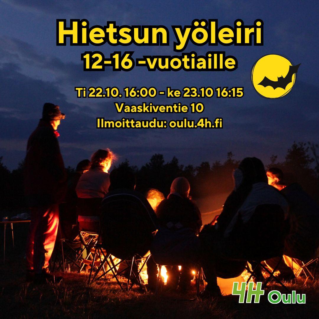 Nuoria nuotion ympärillä syysiltana. "Hietsun syysleiri 12-16 -vuotiaille Ti 22.10. 16:00 - ke 23.10 16:15,
Vaaskiventie 10.
Ilmoittaudu: oulu.4h.fi."