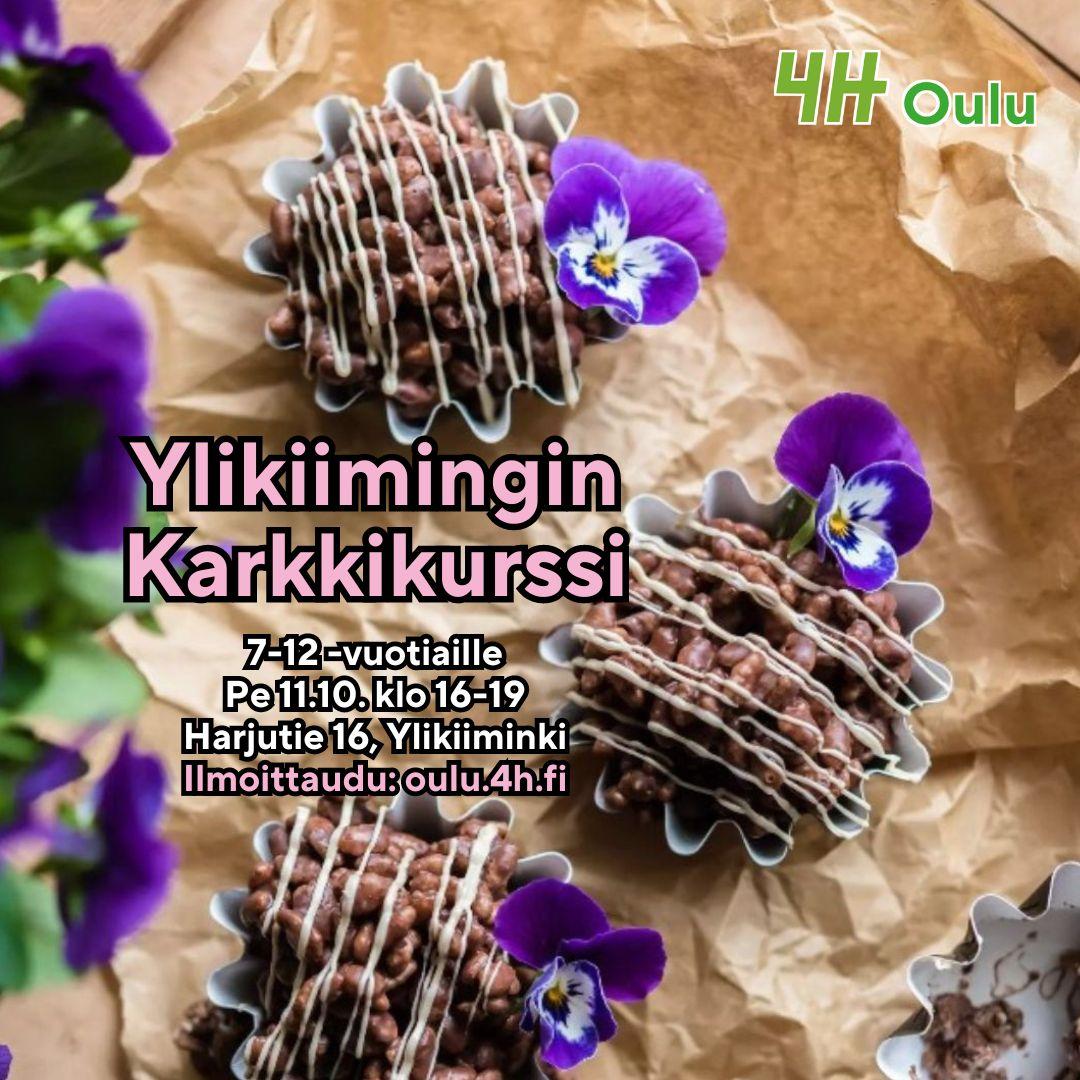 Riisimurovaahtokarkkeja ja orkideoita ruskean paperin päällä. "Ylikiimingin karkkikurssi 7-12 -vuotiaille
Pe 11.10. klo 16-19, Harjutie 16, Ylikiiminki.
Ilmoittaudu: oulu.4h.fi."