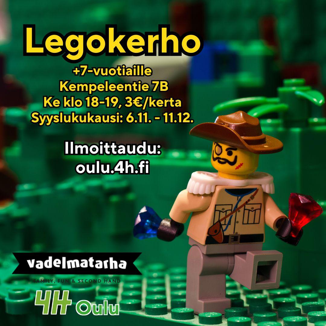 Taustalla lierihattuinen legomies seikkailee viidakossa jalokiviä kantaen. "Legokerho +7-vuotiaille Kempeleentie 7B ke klo 18-19 3€/kerta. Syyslukukausi 6.11.-11.12. Ilmoittaudu: oulu.4h.fi."