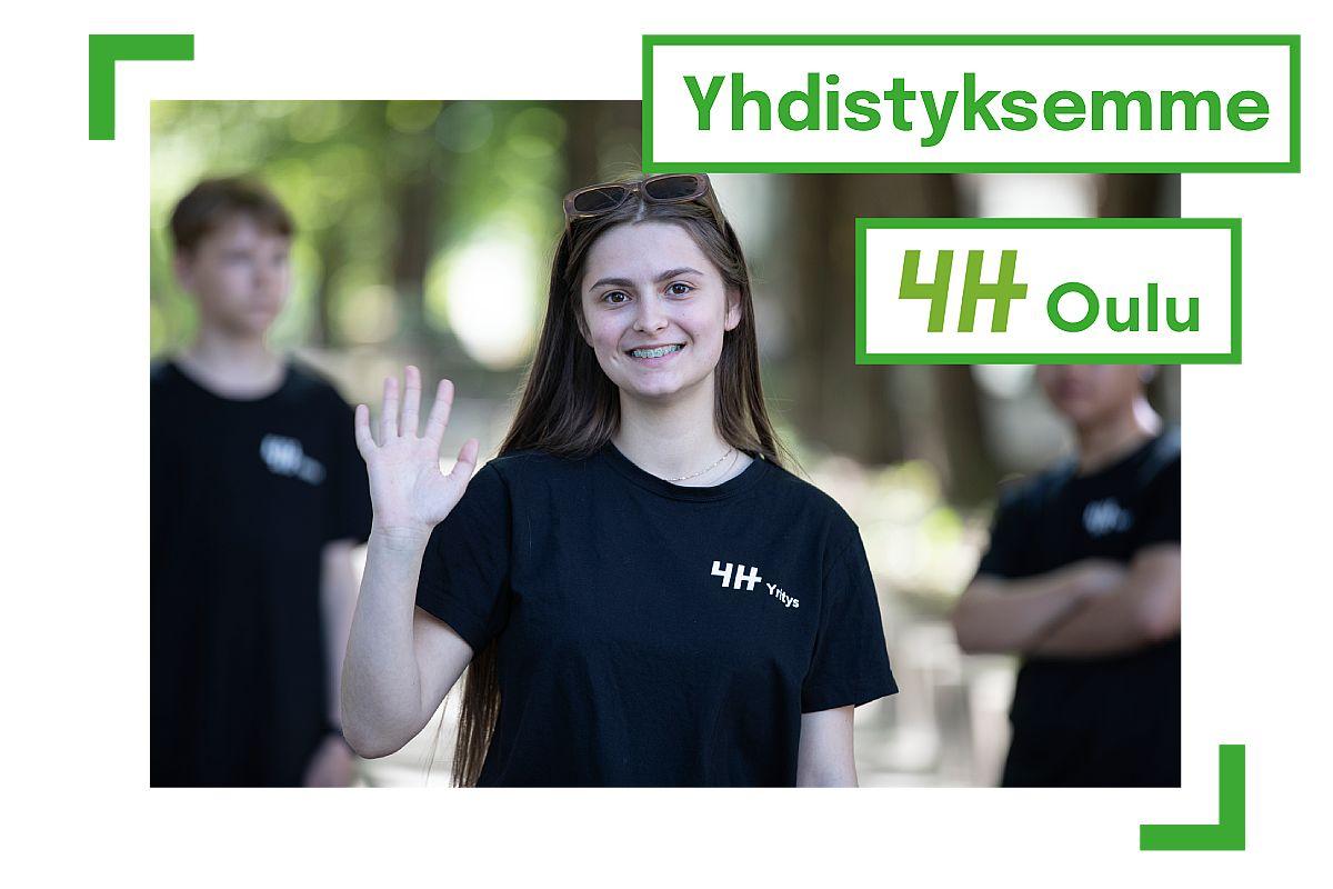 Oulun 4H:n Yhdistys-sivun pääkuva, jossa nuori 4H-yrittäjä tervehtii. Kuvan päällä Yhdistyksemme-teksti.
