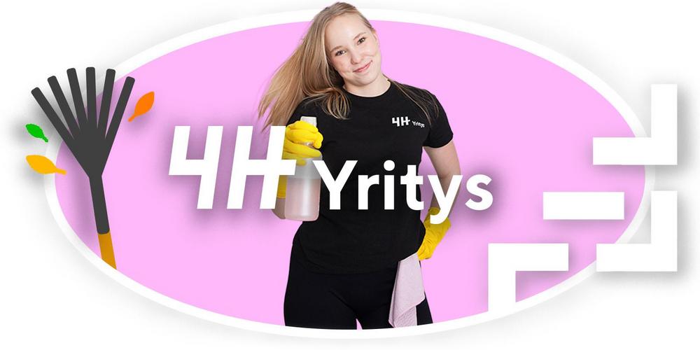 Kuvassa nuori Oulun 4H-yhdistyksen 4H-yrittäjä siivoaa. Kuvan päällä 4H-yritys-teksti.
