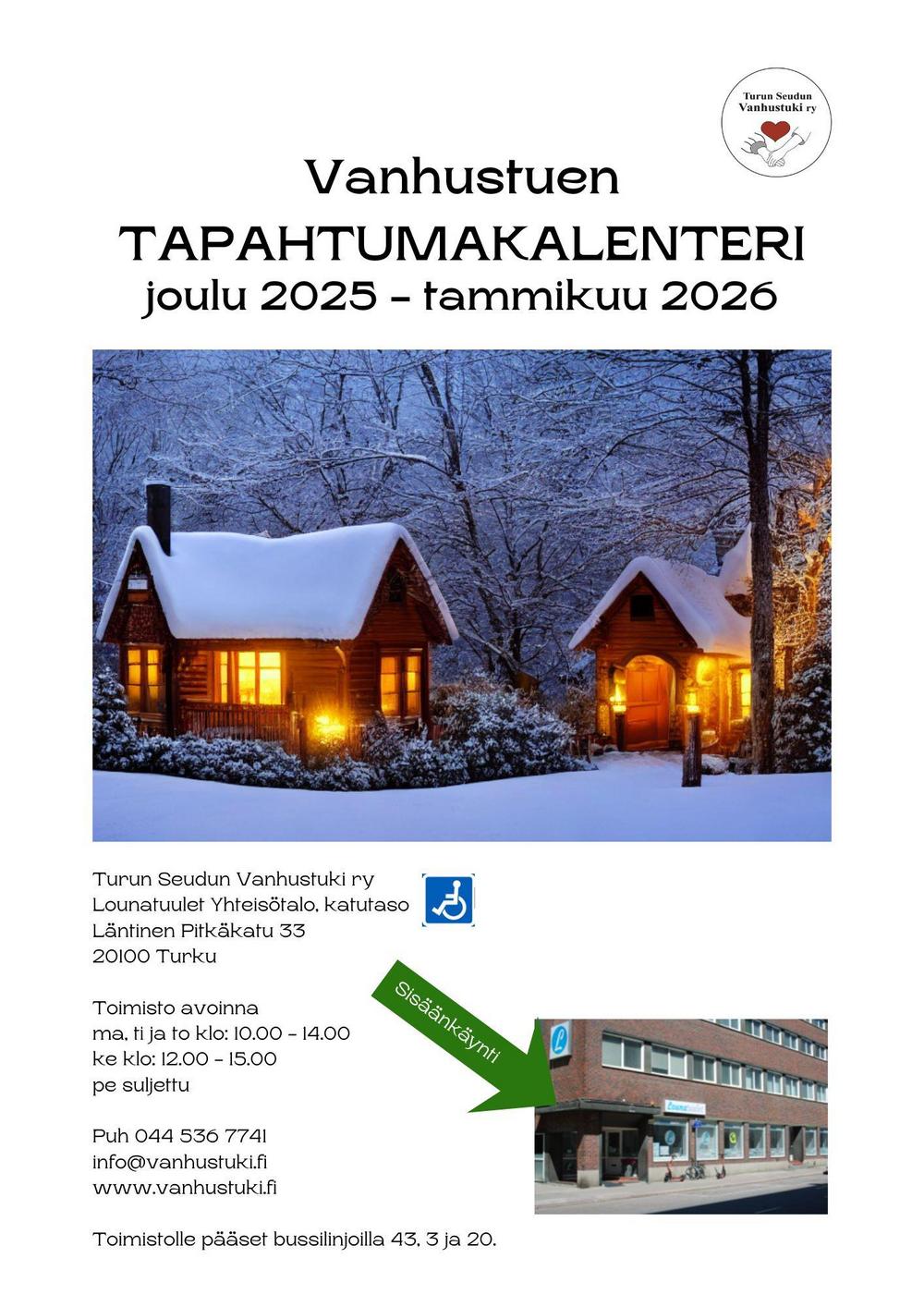 Turun Seudun Vanhustuen tapahtumakalenteri. Kalenterista löydät kaikille avoimet ryhmät, tapahtumat ja luennot. Lisäksi tapahtumakalenterista löydät myös tulevat retket.