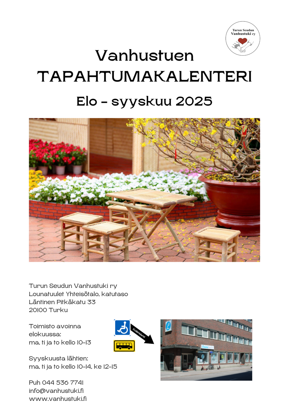 Turun Seudun Vanhustuen tapahtumakalenteri. Kalenterista löydät kaikille avoimet ryhmät, tapahtumat ja luennot. Lisäksi tapahtumakalenterista löydät myös tulevat retket.