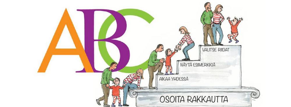 ABC-ryhmän kuvitus kuva jossa lapsi ja vanhemmat kiipeää tiedon portaita.