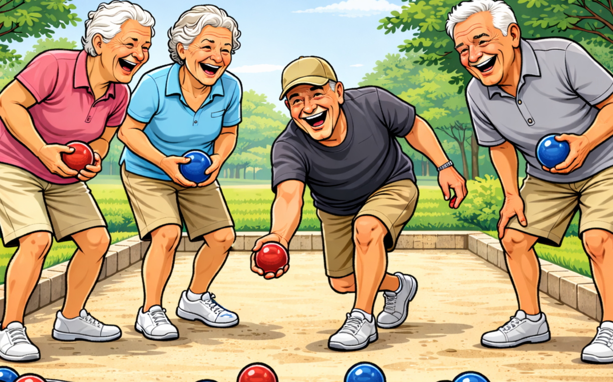 Bocciaa pelaavia miehiä ja naisia kesäisessä maisemassa.