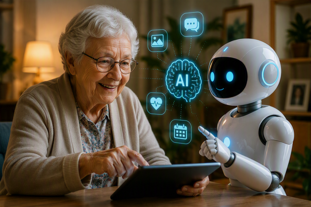 Iäkäs nainen käyttää tekoälyä.
Kuva on tehty Copilotilla ja on AI-kuva.