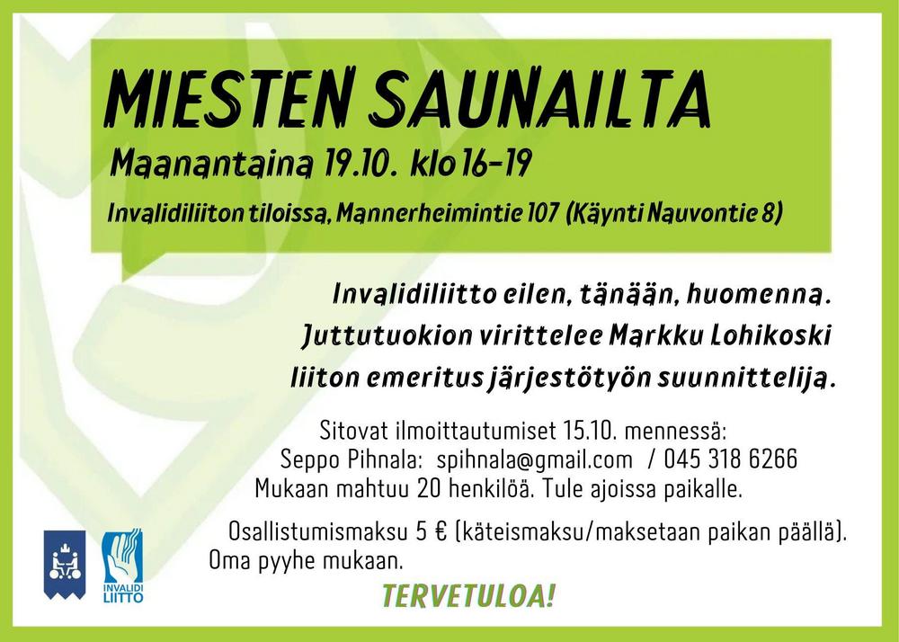 Miesten saunailta Invalidiliitossa 19.10.