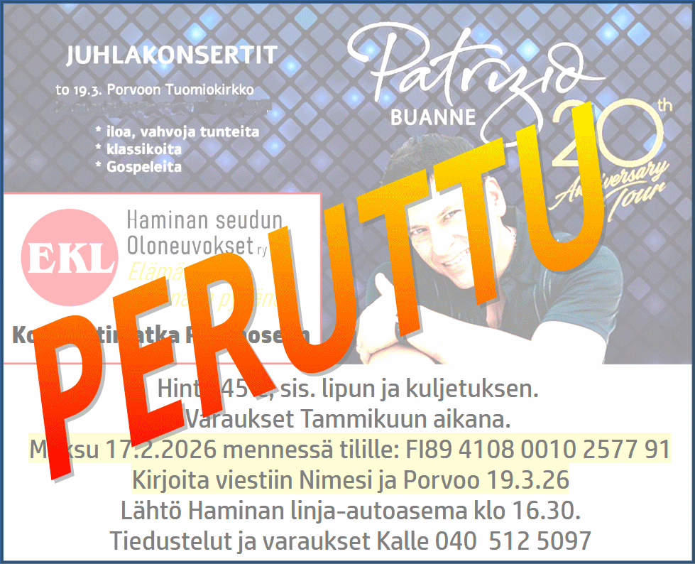 Konserttimatka Porvooseen Hinta 45 €, sis. lipun ja kuljetuksen. 
Ilmoittautuminen Tammikuun aikana. 
Maksu 17.2.2026 mennessä tilille: FI89 4108 0010 2577 91 Kirjoita viestiin Nimesi ja Porvoo 19.3.26