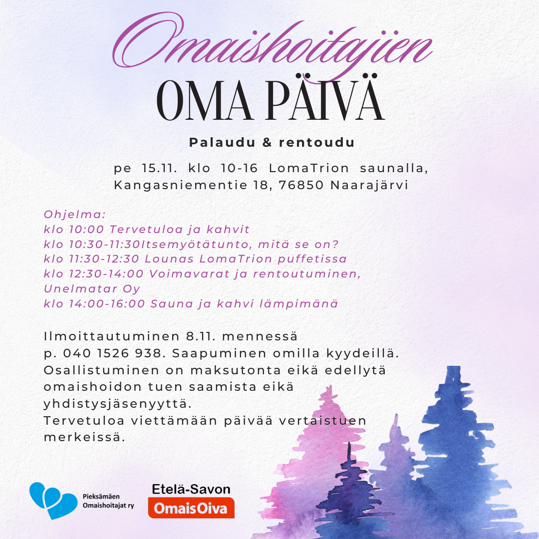 Kuvassa on tapahtumatietoa Omaishoitajien Oma Päivä -tapahtumasta. Kuvan tiedot löytyvät kuvan alta myös tekstissä.