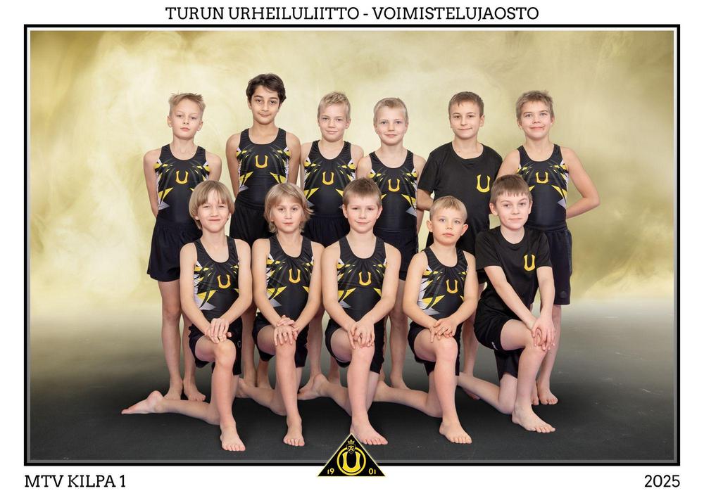 Kuva Turun Urheiluliiton miesten telinevoimistelun kilparyhmästä kullanvärisellä savutaustalla.