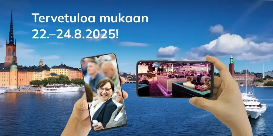 Tukholman rannikon kaupunkimaisemaa sekä kaksi käsissä pideltyä kännykkää, joiden ruudulla näkyy kuvat seminaariauditoriosta sekä Tukholmassa sijaitsevan sillan kultaisesta yksityiskohdasta.