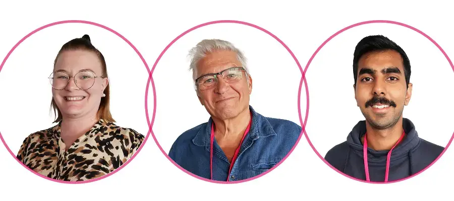 Kasvokuvat hymyilevistä Tea Laukkasta, Esa Kankaristosta sekä Aayush Jainista.