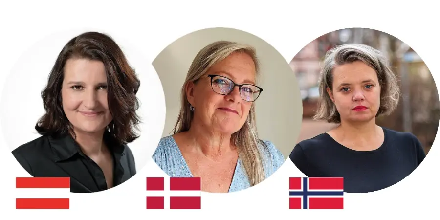 Kolmen naisen kasvokuva yhdessä Tanskan, Itävällan ja Norjan lippujen kanssa.