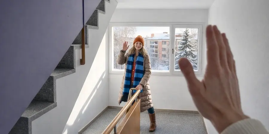 Pitkään vaaleanruskeaan talvitakkiin pukeutunut nainen tervehtii hymyillen naapuriaan kerrostalon rappukäytävässä.