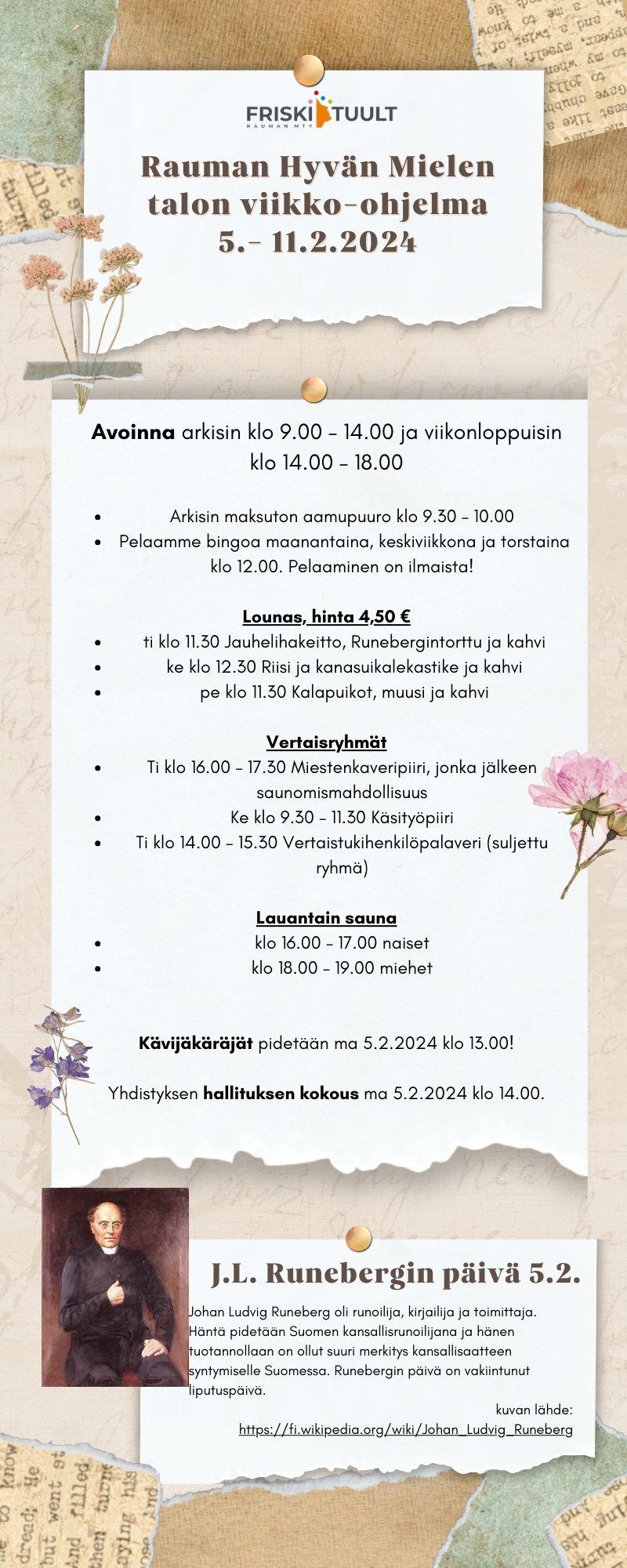 kuvaan kirjoitettu viikko-ohjelma jonka löydät alta, Lisäksi siinä on Runebergin kuva.