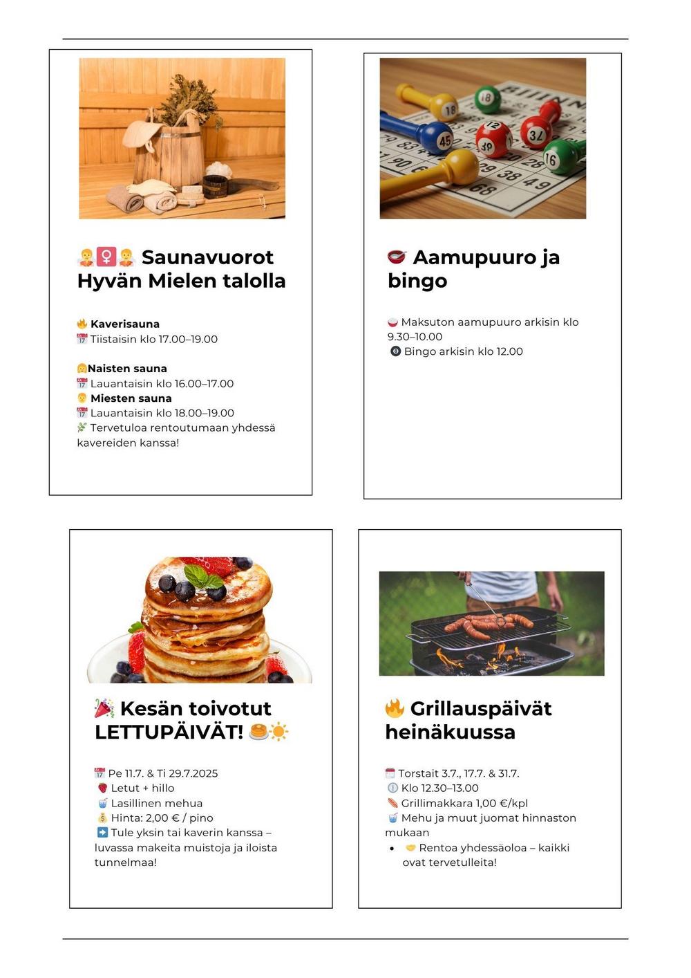 Kiuas, lettupino, bingolappu ja grillaus