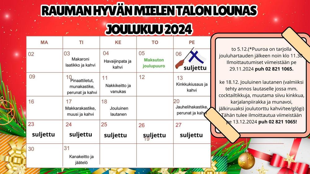 kuvaan kirjoitettu joulukuun ruokalista