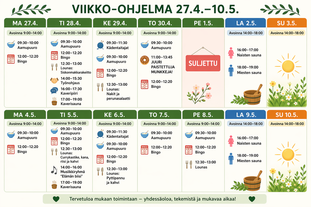 kuvaan kirjoitettu viikko-ohjelma