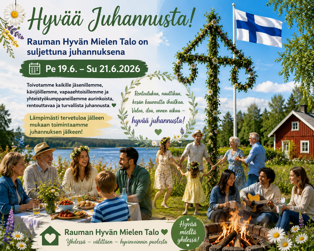 Suomen lippu salossa ja jossa juhannuskokko ja paljon erilaisia ihmisiä