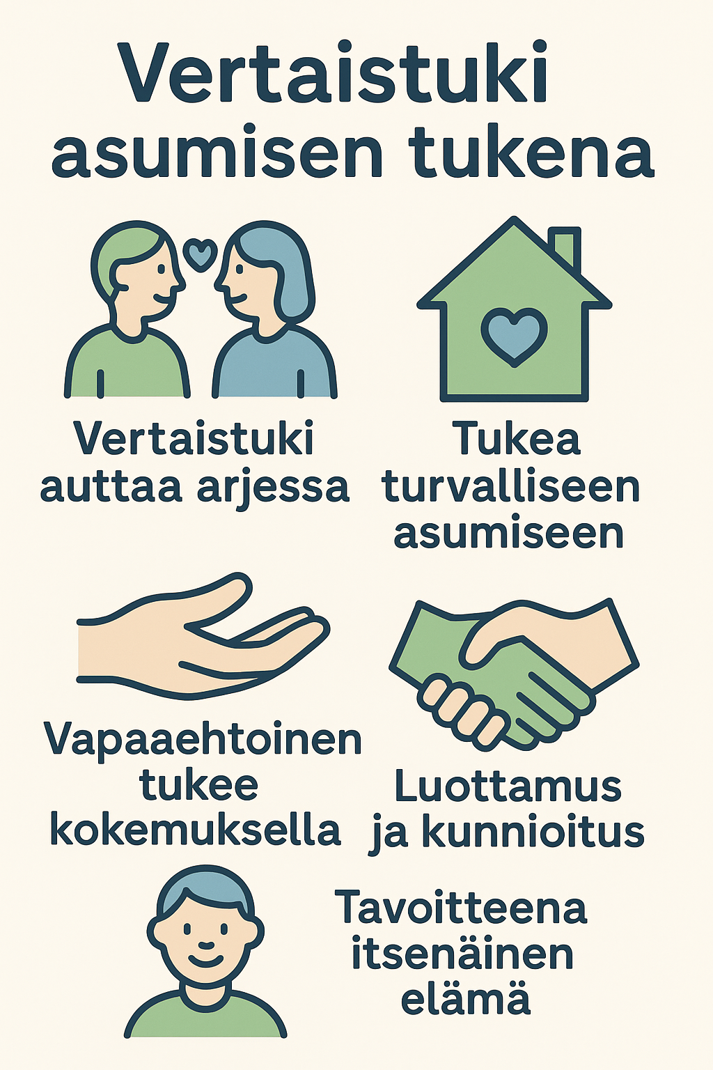 Vertaistuki asumisen tukena
- Vertaistuki auttaa arjessa
- Tukea turvalliseen asumiseen
- Vapaaehtoinen tulee kokemuksella
- Luottamus ja kunnioitus
- Tavoitteena itsenäinen elämä