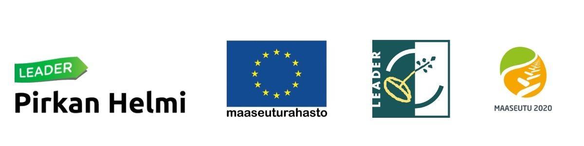 Pirkan Helmen, EU:n maaseuturahaston, Leader-groupin ja Maaseutu 2020 logokuvat.