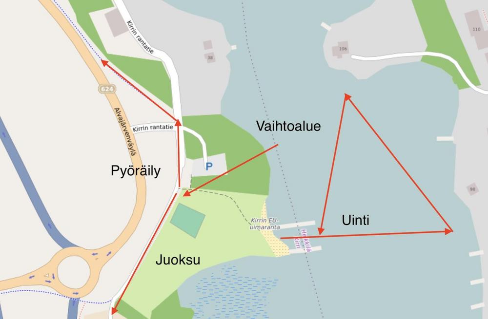 Kartta Kirrin uimarannasta ja tiistaiharjoitusten vaihtoalueesta, uinti-, pyöräily- ja juoksureiteistä