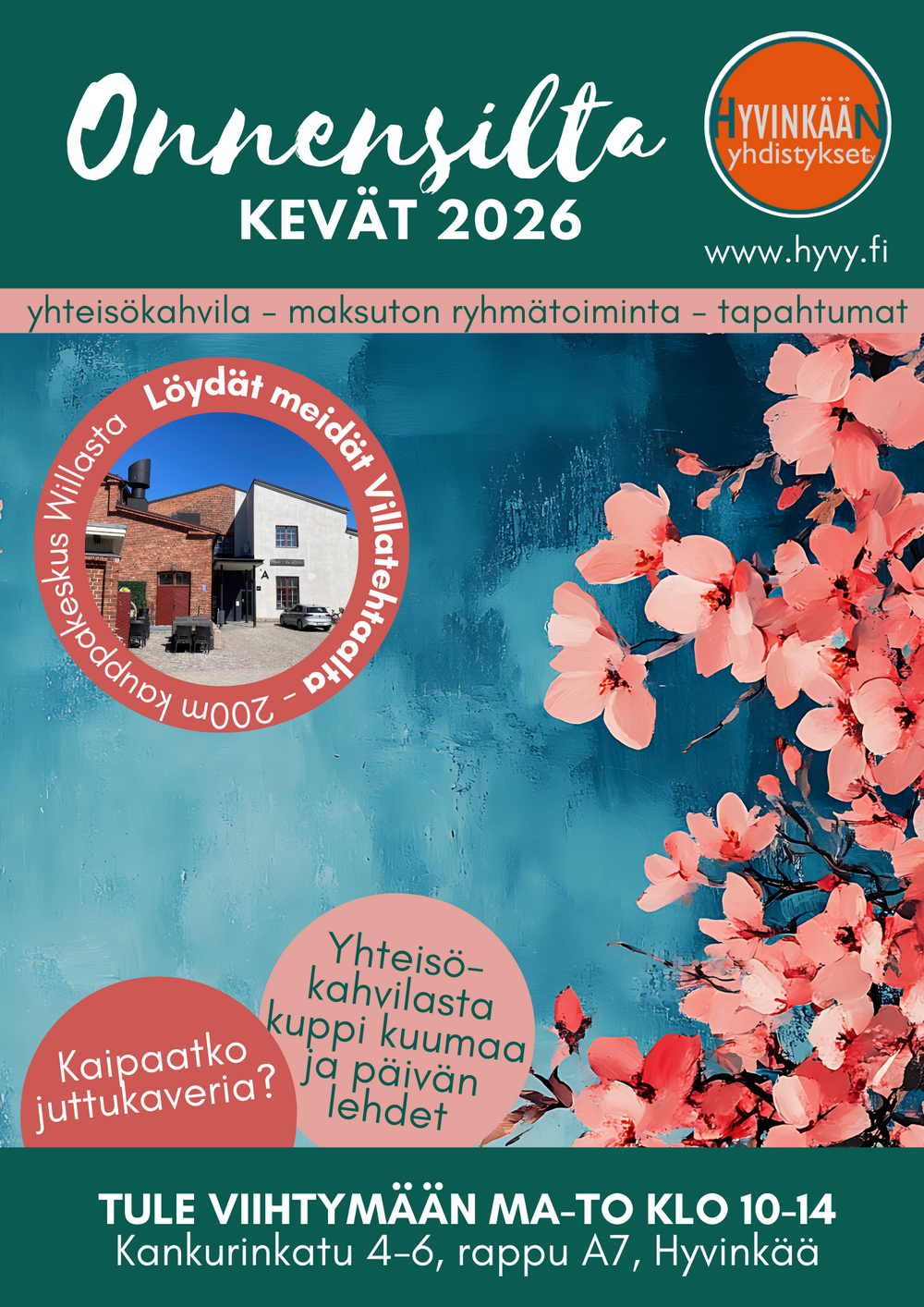 Toimintavihon kansikuva, jossa kerrotaan Onnensillan olevan avoinna ma-to klo 10-14, os. Kankurinkatu 4-6, rappu A7. 
