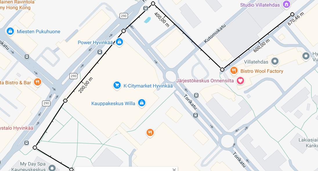 Hyvinkään Rollaattorimarssin kulkureitti alkaa torilta, jonka jälkeen kuljetaan Hämeenkadun vartta aina Donnerin obelixille saakka, josta käännymme alamäkeen kohti Villatehtaan sisäpihaa. Sisäpihalla järjestetään ohjelmaa. 
