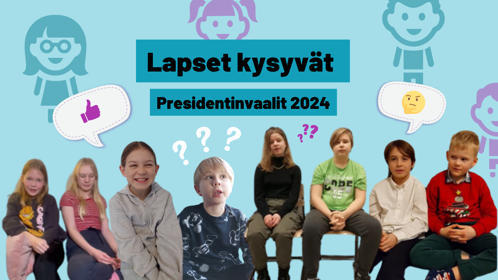 Lapsia istumassa penkeillä. Kuvassa teksti: Lapset kysyvät Presidentinvaalit 2024.