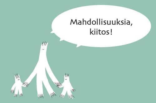 Piirroshahmot aikuinen ja kaksi lasta, joiden puhekuplassa Pienperheyhdistyksen vaali-slogan Mahdollisuuksia kiitos! 