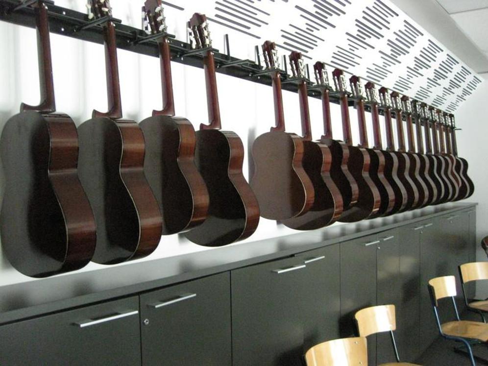 Kuvassa musiikkiluokan seinällä oleva kitararivistö.