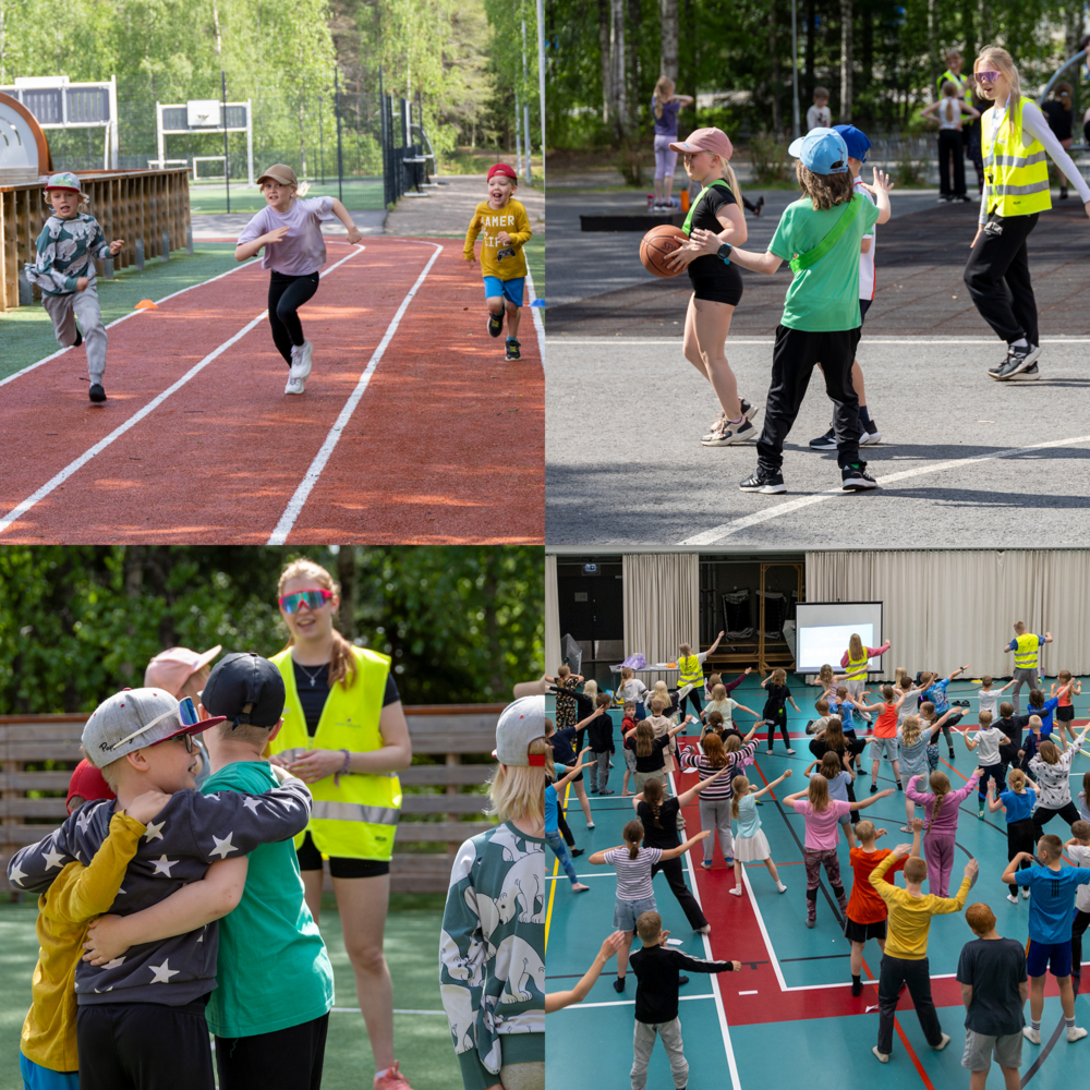 Kollaasi lasten liikunnasta.