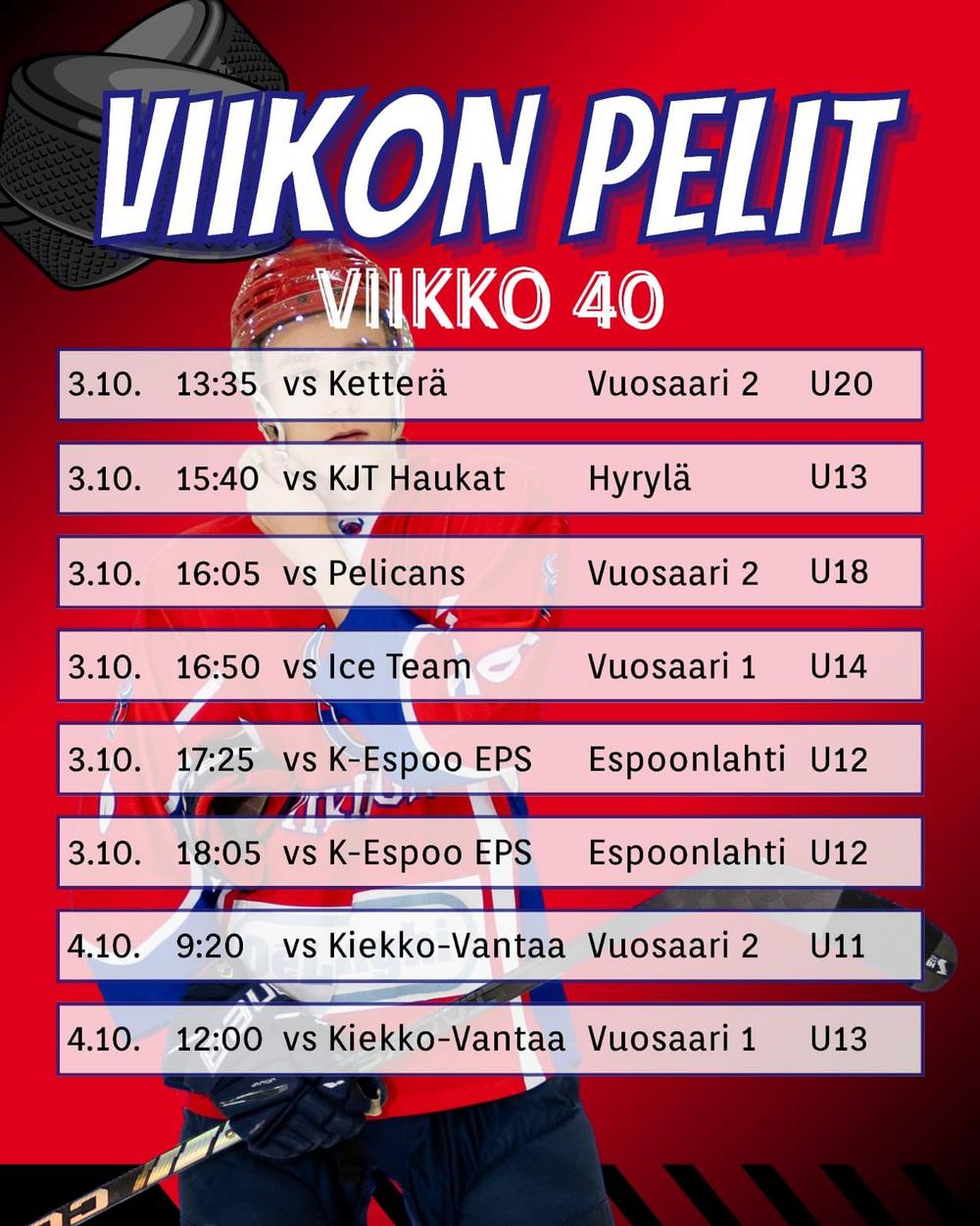 Viikinkijoukkueiden pelit peliviikolla 40 2026-2027 la-su