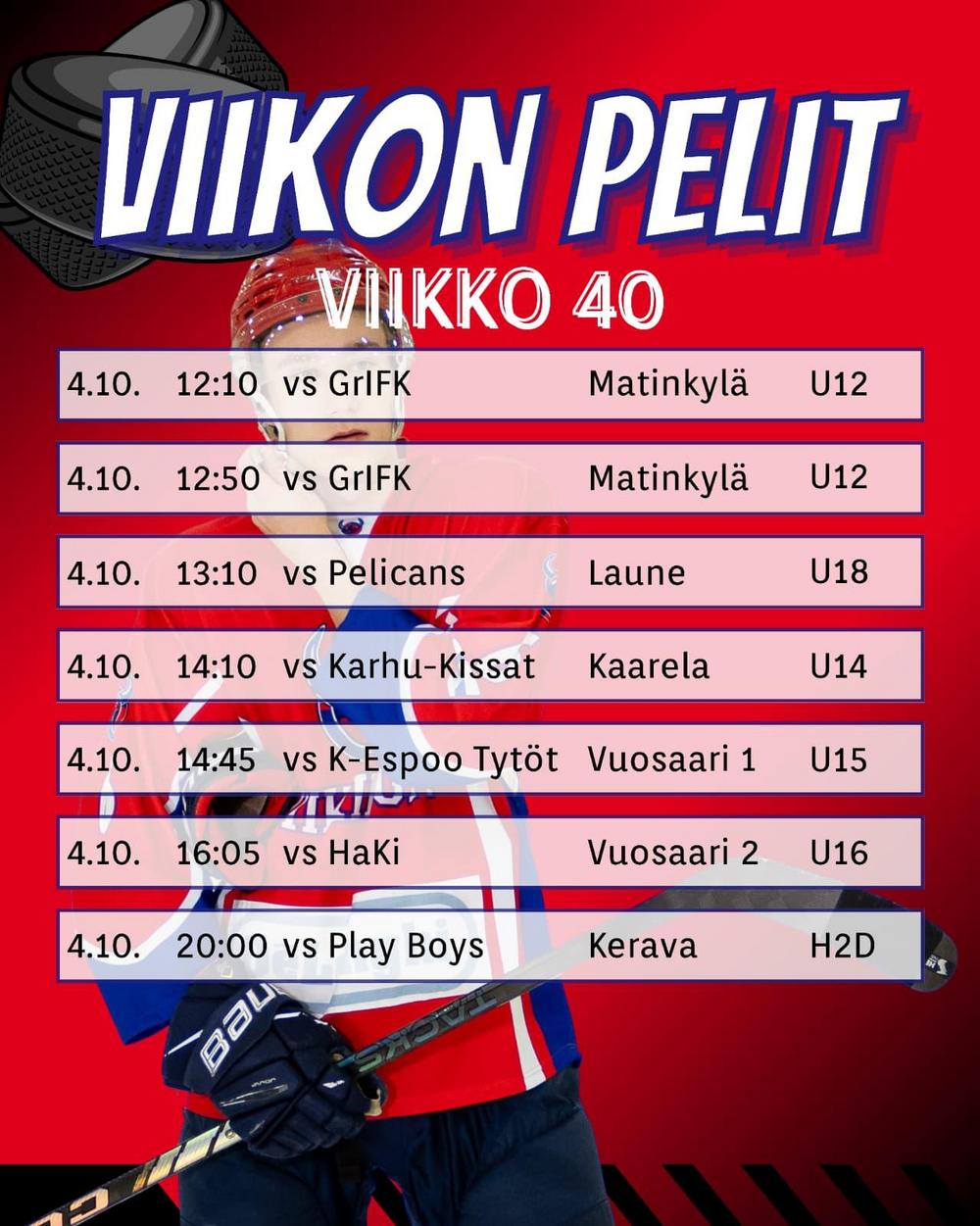 Viikinkijoukkueiden pelit peliviikolla 40 2026-2027 su