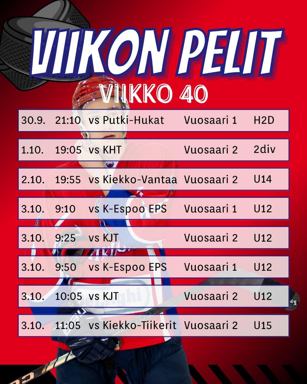Viikinkijoukkueiden pelit peliviikolla 40 2026-2027 ti-la