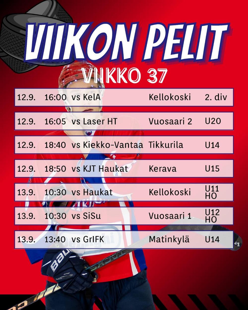 Viikinkijoukkueiden pelit peliviikolla 37 2026-2027 lauantai ja osa sunnuntai