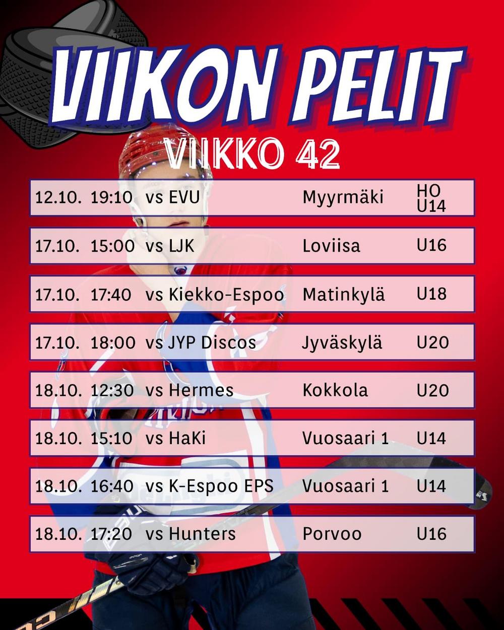 Viikinkijoukkueiden pelit peliviikolla 42 2026-2027