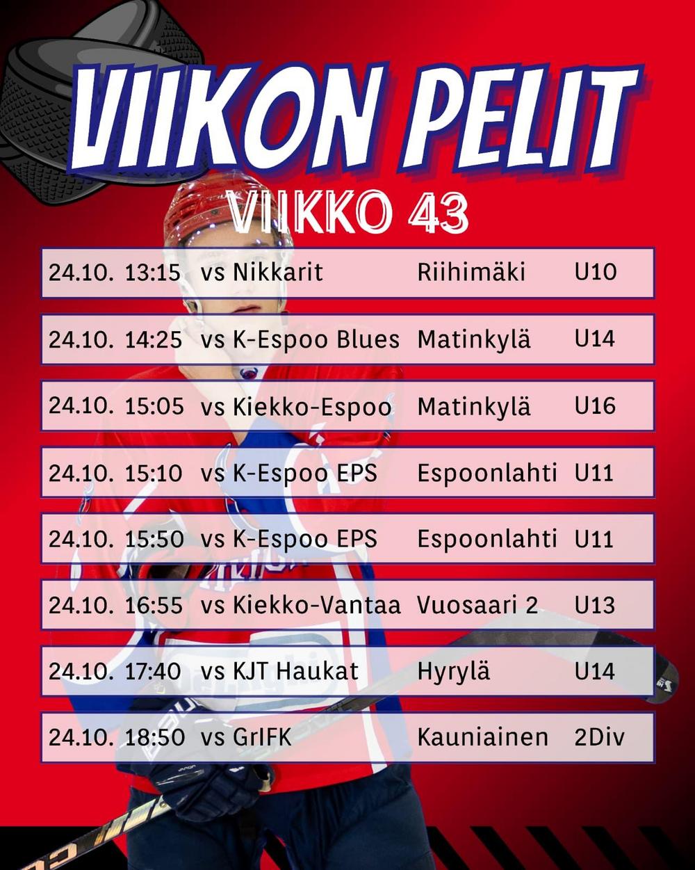 Viikinkijoukkueiden pelit peliviikolla 43 2026-2027 la
