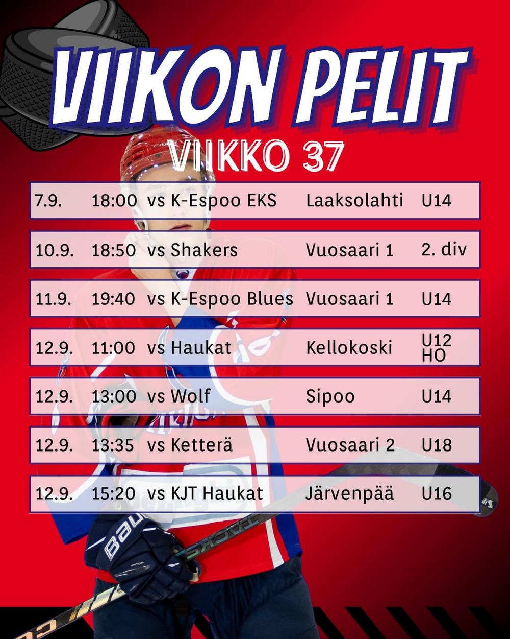 Viikinkijoukkueiden pelit peliviikolla 37 2026-2027 arkipäivät