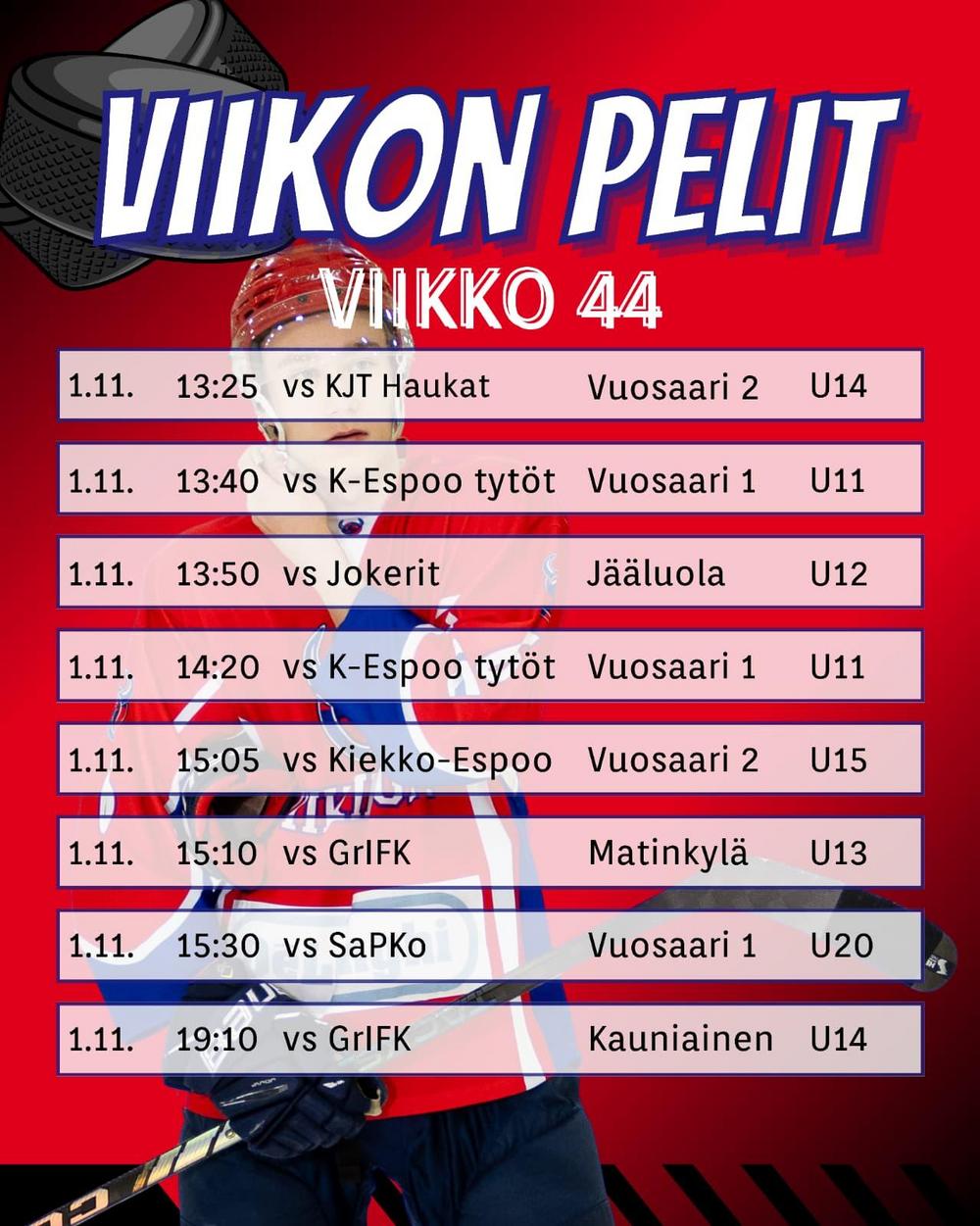Viikinkijoukkueiden pelit peliviikolla 44 2026-2027 su