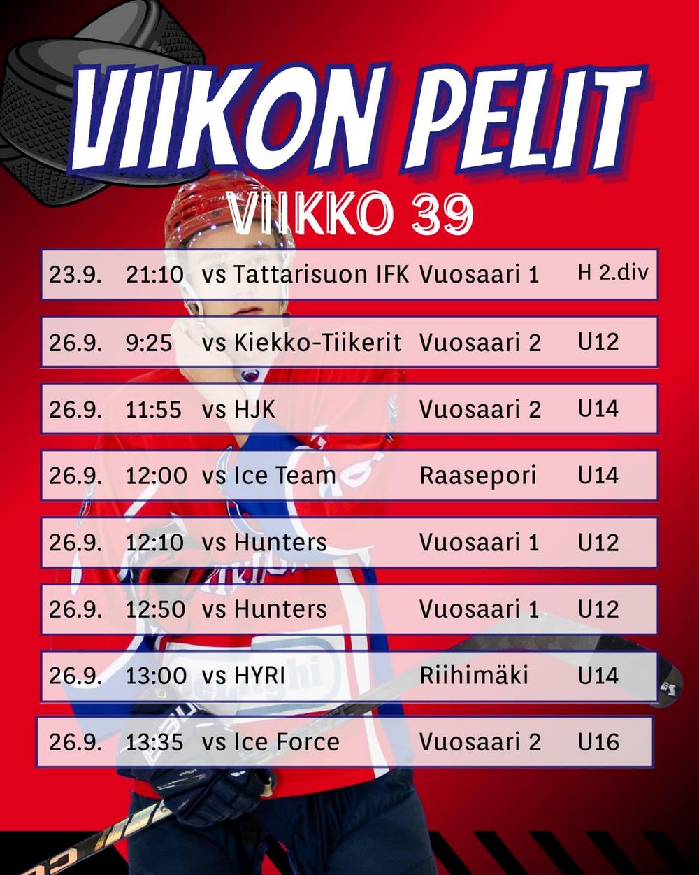 Viikinkijoukkueiden pelit peliviikolla 39 2026-2027 ke-la