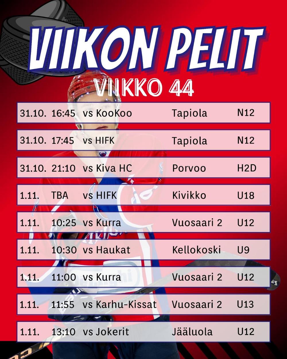 Viikinkijoukkueiden pelit peliviikolla 44 2026-2027 la-su