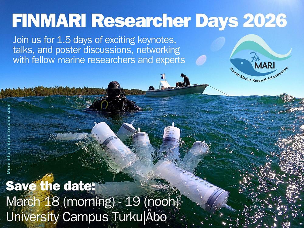 Flyer of the FINMARI Researcer Day 2026: a diver, syringes and a boat