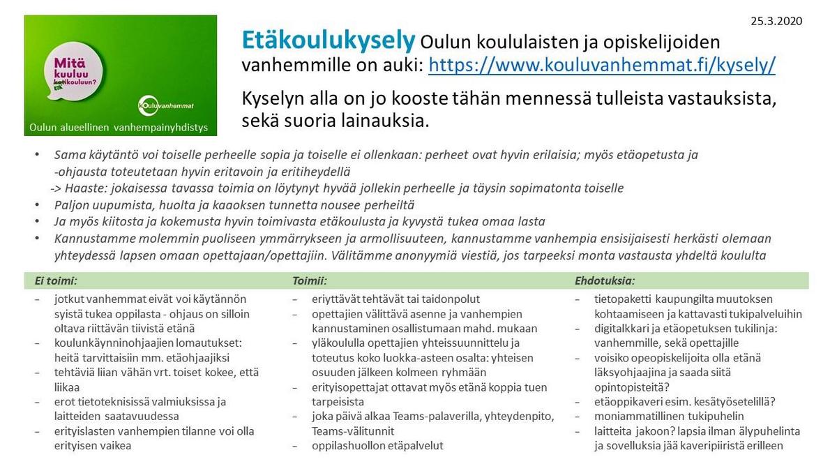 Etäkoulu-kyselyn Vastauksia Välitetty Eteenpäin | Oulun Alueellinen ...