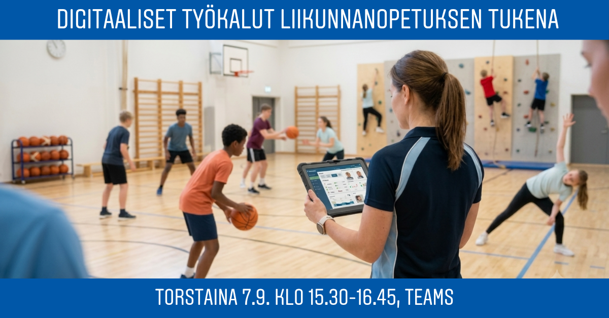 Opettaja seuraa tabletilta lasten ja nuorten liikuntaa salissa. Osa oppilaista pelaa koripalloa, osa kiipeilee seinällä yksi oppilasta venytelee. Kuva on otettu yläviistosta.