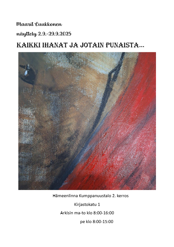 Kuva taidenäyttelystä Kumppanuustalon käytävältä.